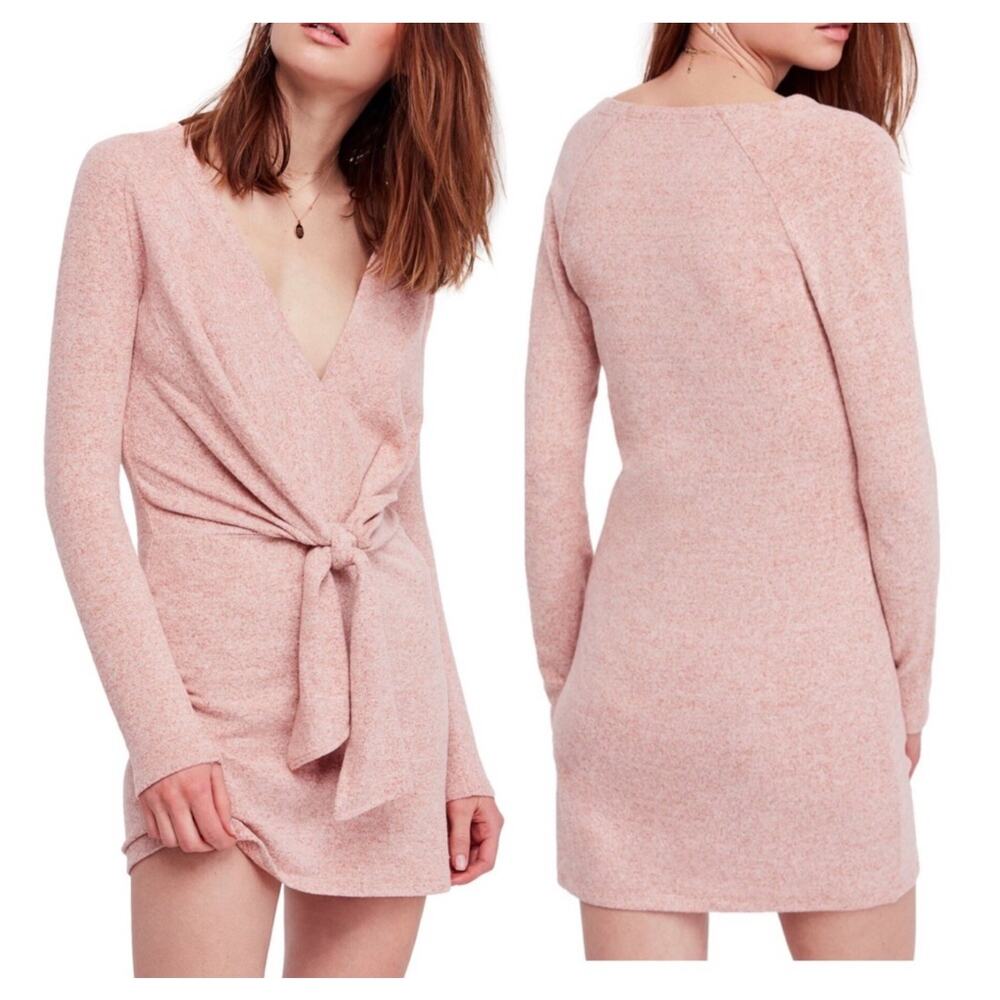 Free People Pink Knit Tie Front Sweater Dress - Size S Minimalist Indie Fall